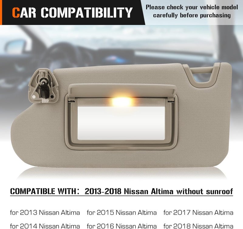 AEagle Sun Visor with Vanity Light for 2013-2018 Nissan Altima Without Sunroof, Left Driver Side Beige Sunvisor Replacement 96401-3TA2A - Image 2